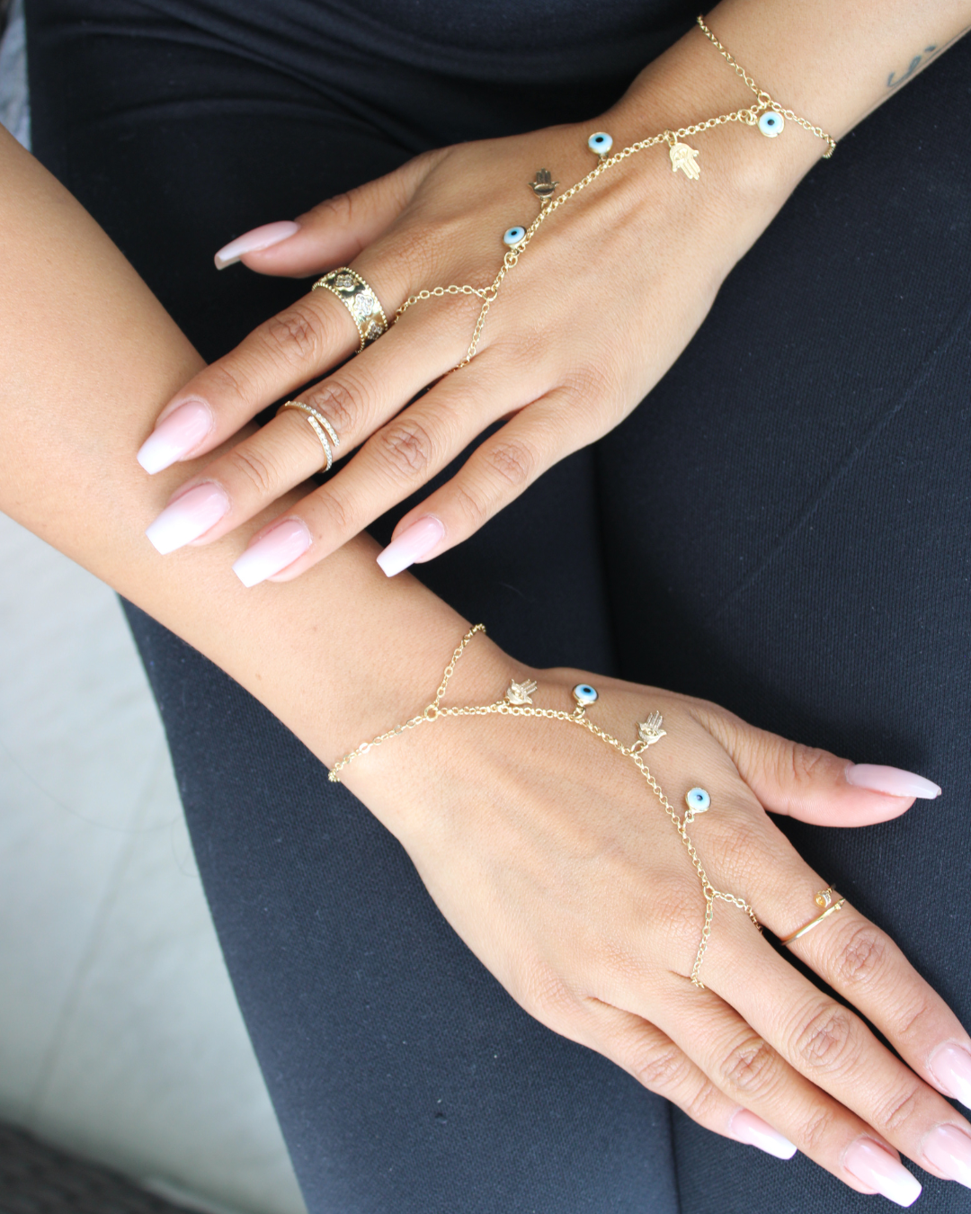 ✨ 18K Gold Evil Eye Hand Chain Bracelet | Hamsa & Protection Design
